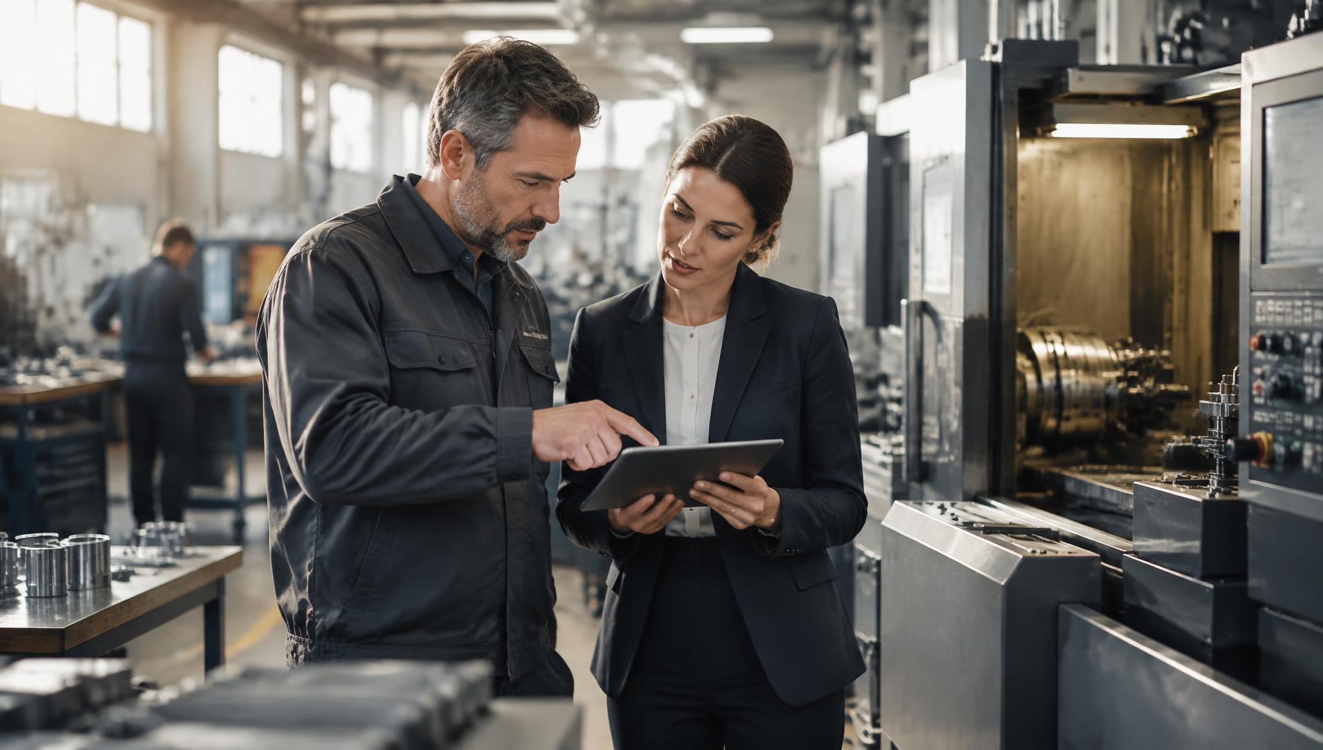 Business owner and advisor reviewing an operational workflow in a factory
